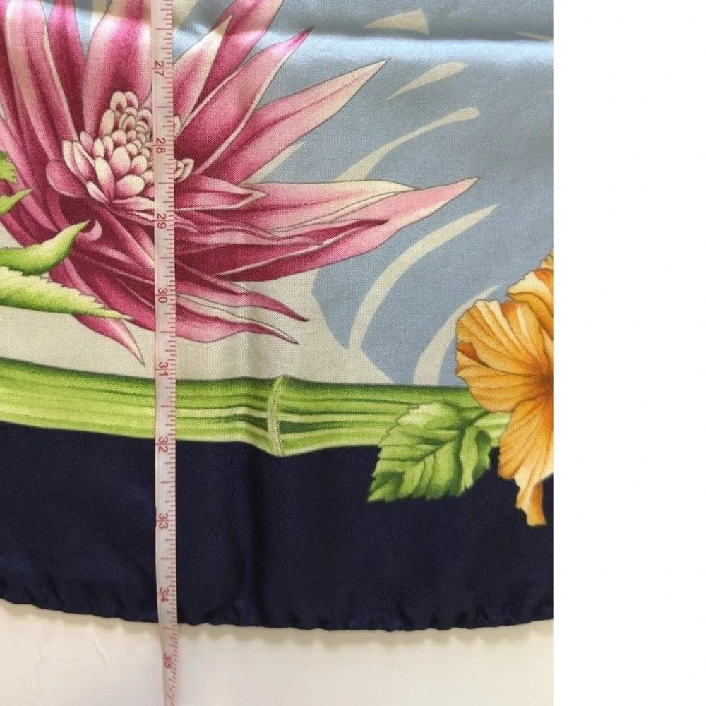 Jodhpur Paris Silk Square Scarf Blue Tropical Floral Print 34